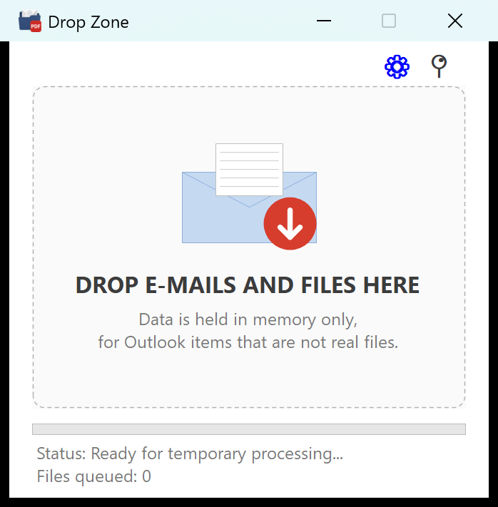 The Drop Zone window: a dashed box with an envelope icon and the words DROP E-MAILS AND FILES HERE, below it a progress bar and the Status and Files queued lines
