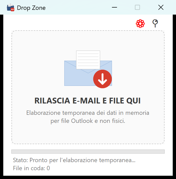 La finestra Drop Zone: un riquadro tratteggiato con l icona di una busta e la scritta RILASCIA E-MAIL E FILE QUI, sotto una barra di avanzamento e le righe Stato e File in coda