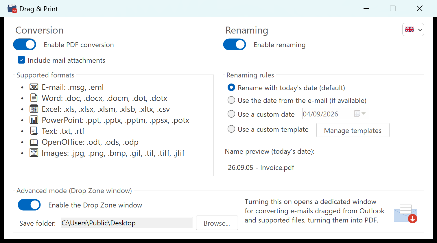 The Drag and Print settings window, split into three boxes: Conversion on the left, Renaming on the right, Advanced Mode Drop Zone at the bottom