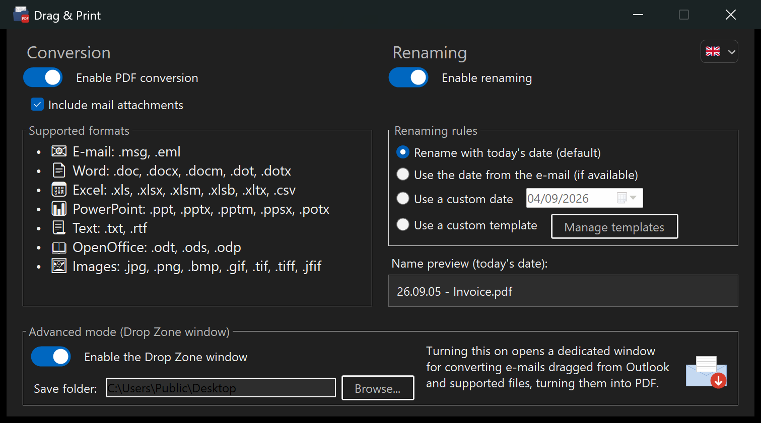 The settings window in dark theme: black background, white text, dark title bar