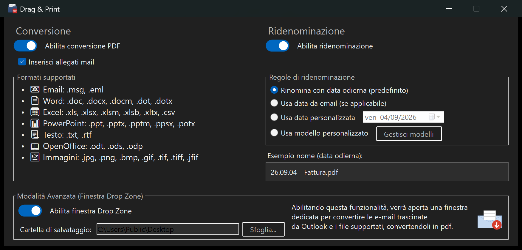 La finestra delle impostazioni in tema scuro: sfondo nero, testo bianco, barra del titolo scura