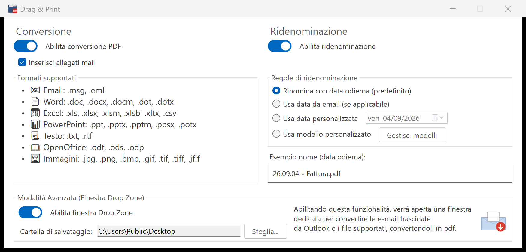 La finestra Impostazioni di Drag and Print, divisa in tre riquadri: Conversione a sinistra, Ridenominazione a destra, Modalita Avanzata Drop Zone in basso