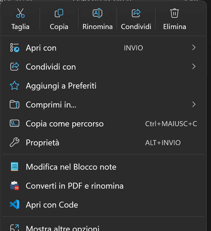 Windows 11 right-click menu with the Convert to PDF and rename entry between Edit in Notepad and Open with Code