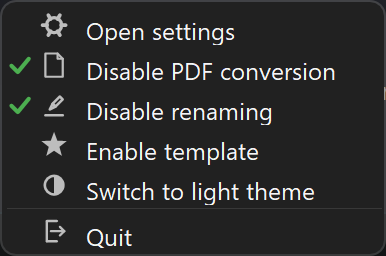 The same menu with a nearly black background and white text