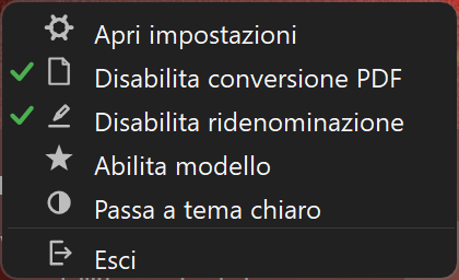 Lo stesso menu con sfondo quasi nero e testo bianco