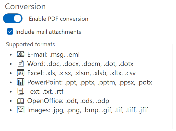 Conversion box: Enable PDF conversion switch on, Include mail attachments ticked, list of supported formats