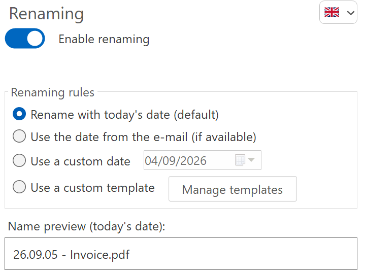 Renaming box: switch on, four radio choices for the date, calendar for the custom date, preview of the file name