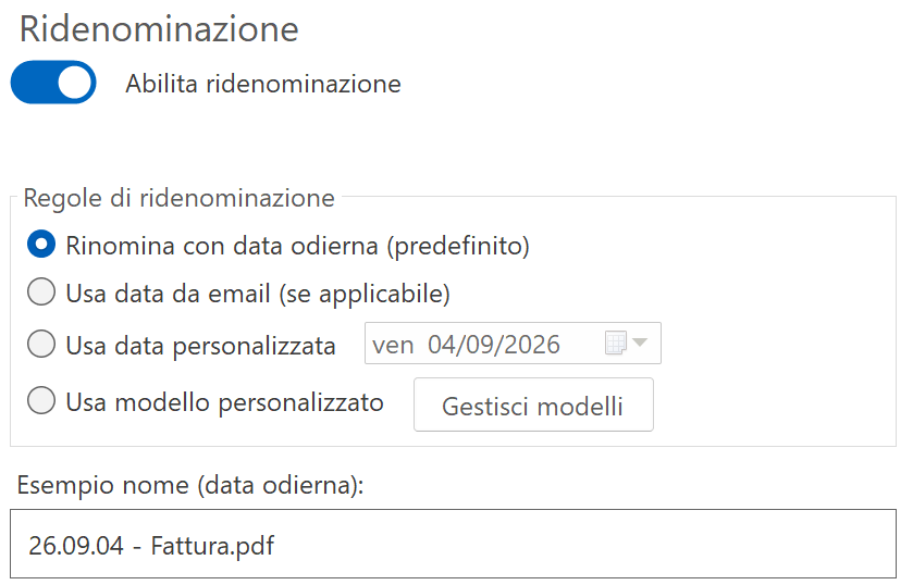 Riquadro Ridenominazione: interruttore acceso, tre scelte a pallino per la data, calendario per la data personalizzata, anteprima del nome file